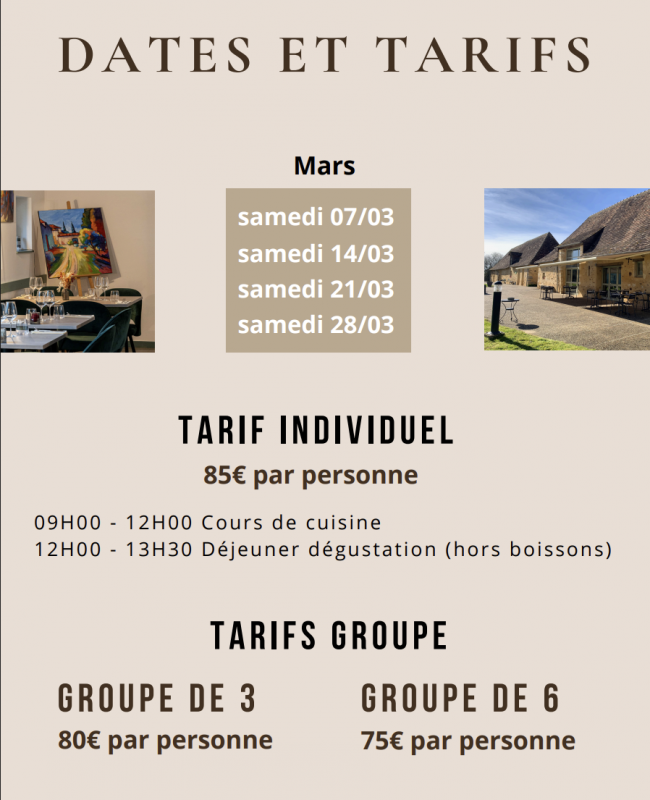 Cours de cuisine - dates et tarifs - Anthony Boucher au Domaine des Mésangères